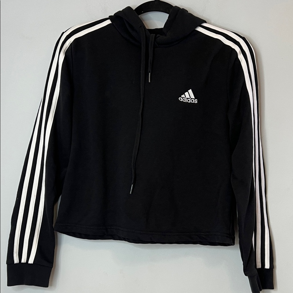 Adidas Kid’s Black Cropped with White Accents Hooded Sweatshirt Girls Size Small